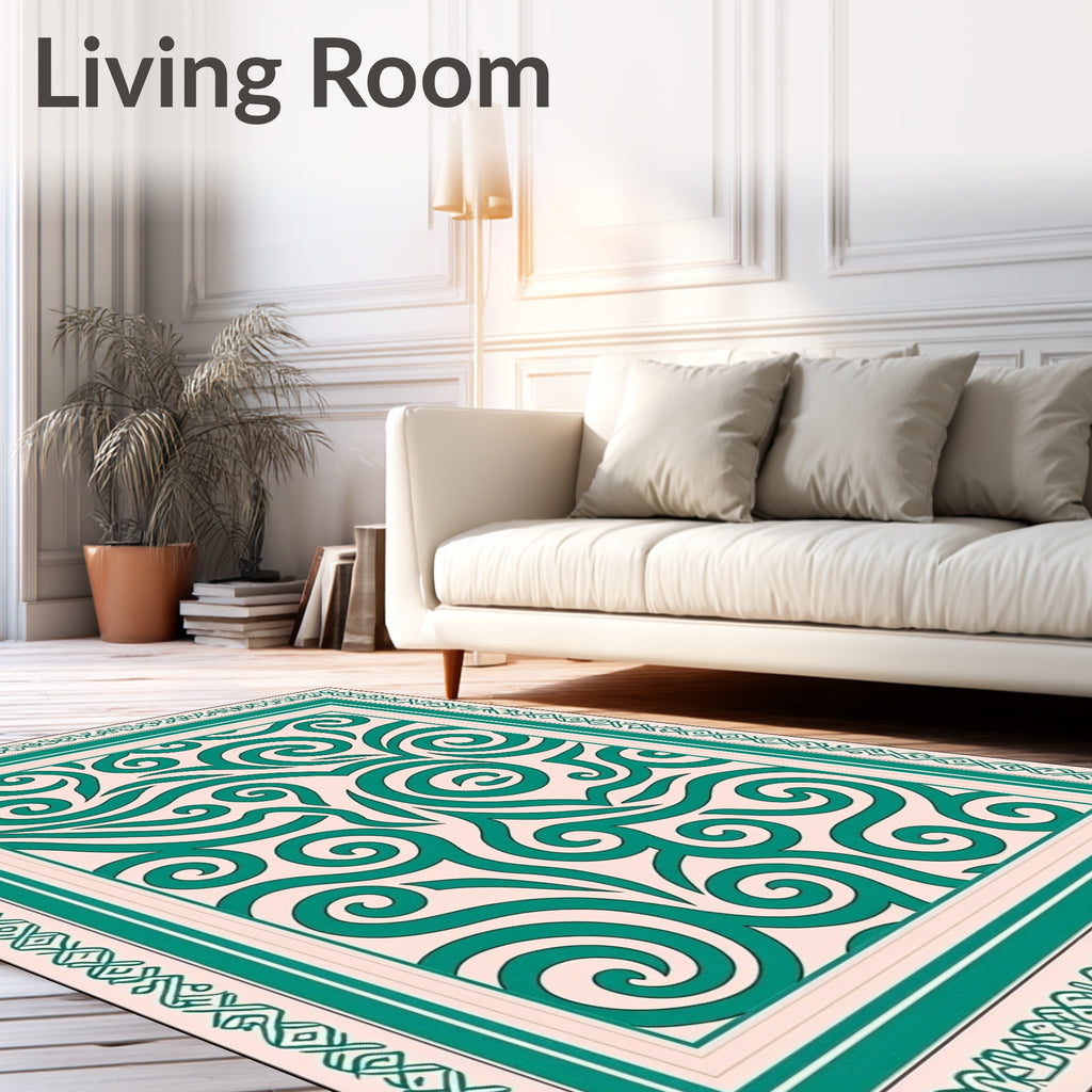 Teal Swirl Ivory Medallion Border Rug