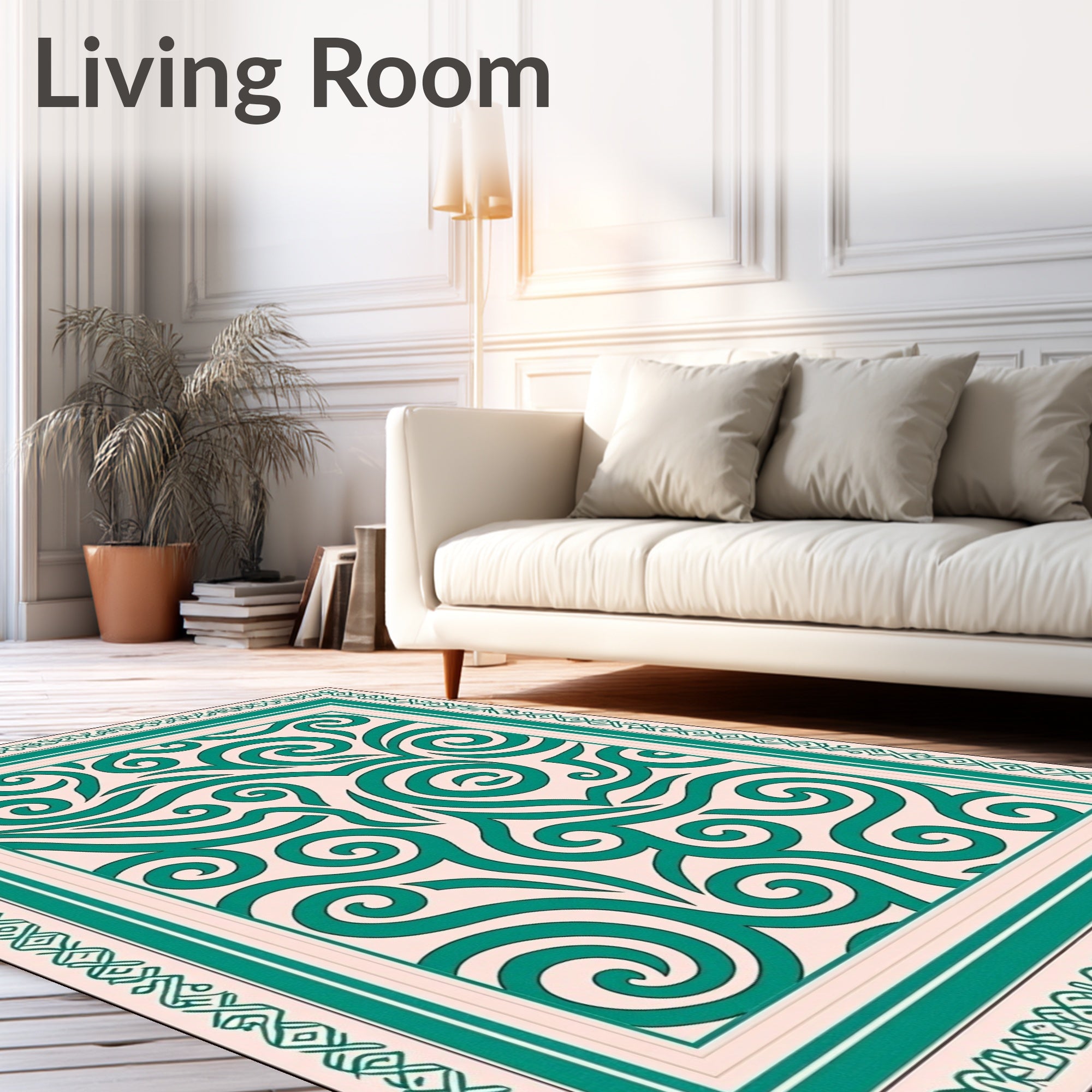 Teal Swirl Ivory Medallion Border Rug