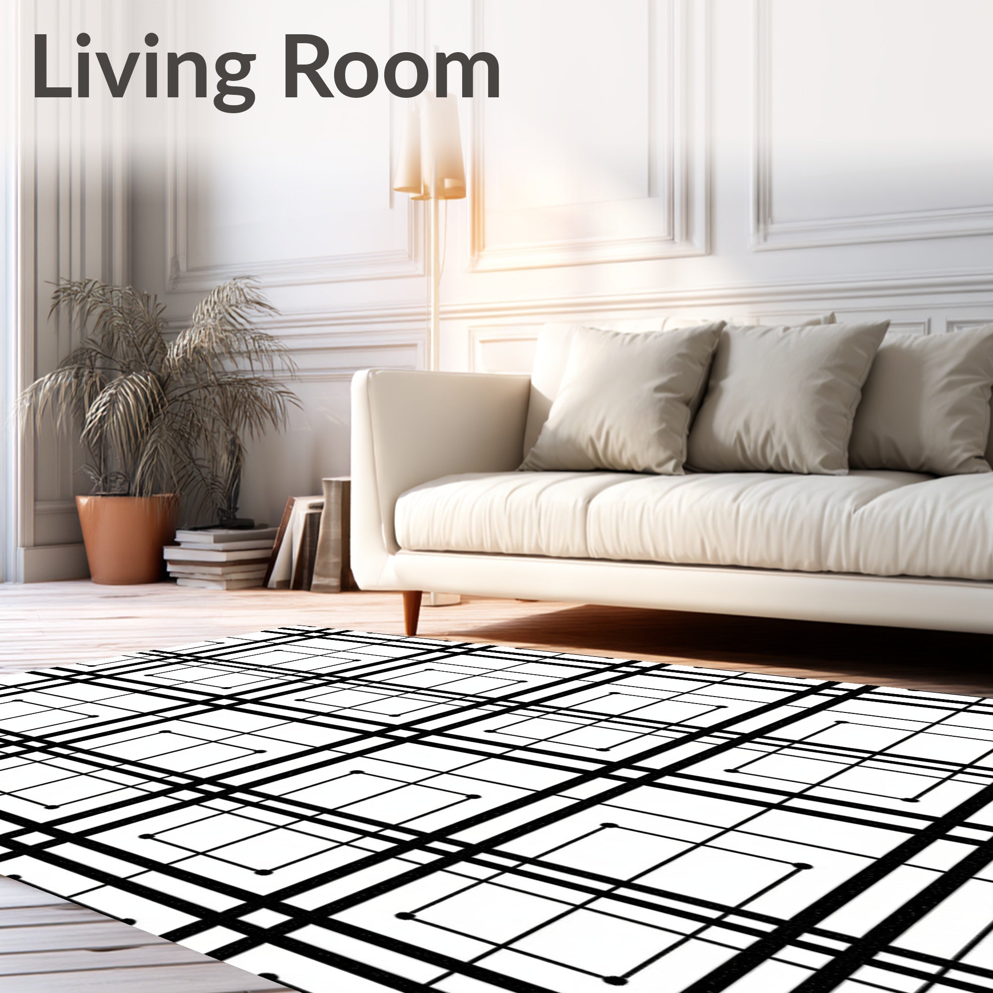 Bold Black White Grid Squares Rug