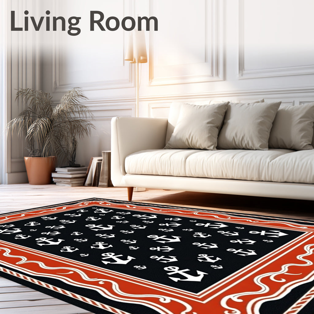 Nautical Anchor Navy Orange Border Rug