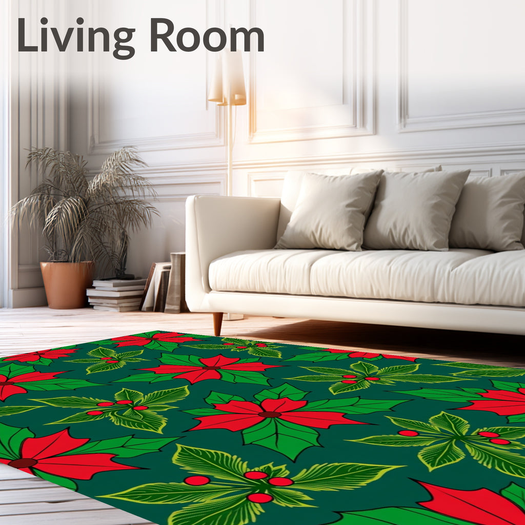 Holiday Red Poinsettia Holly Leaves Rug