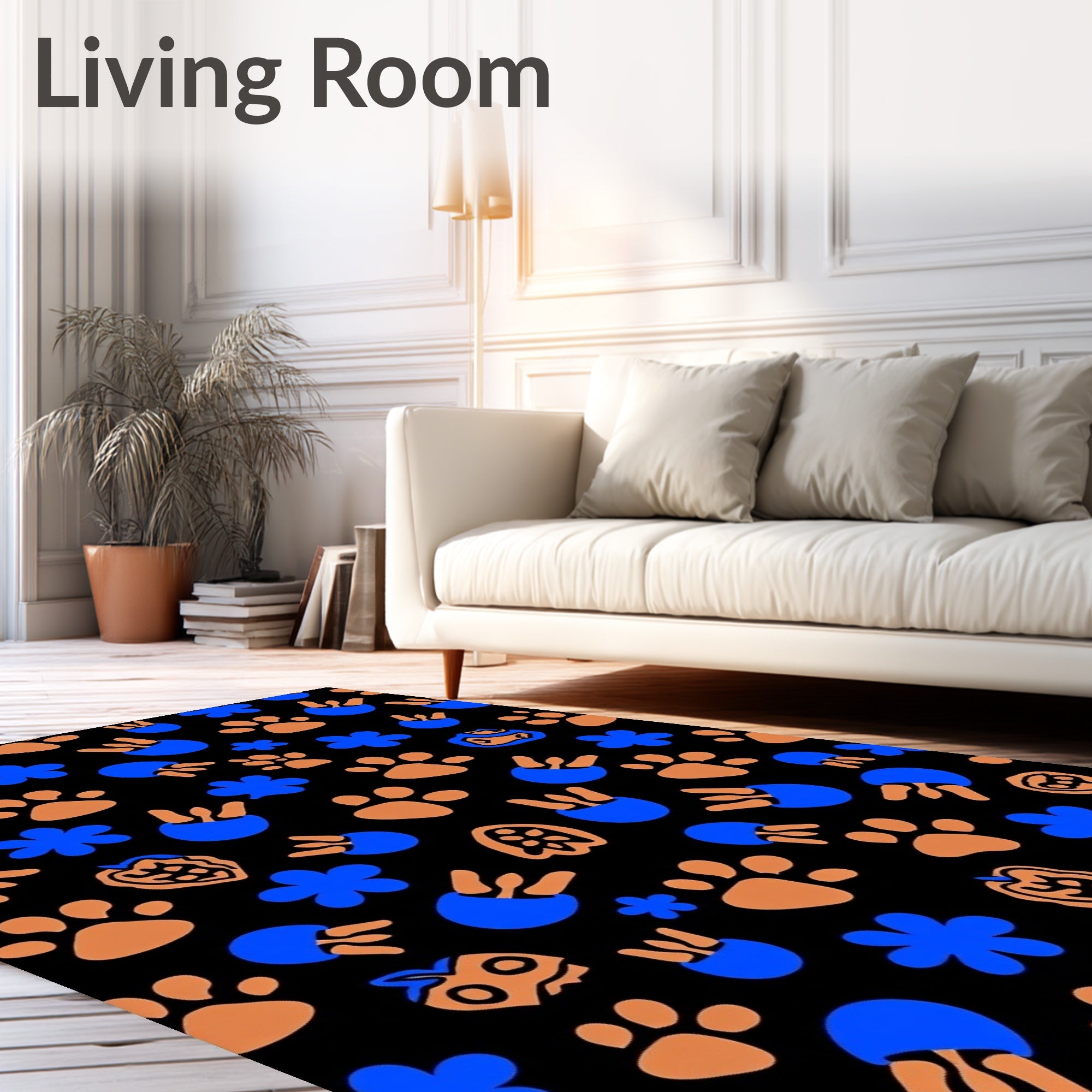 Blue Orange Paw Print Whimsical Collage Rug