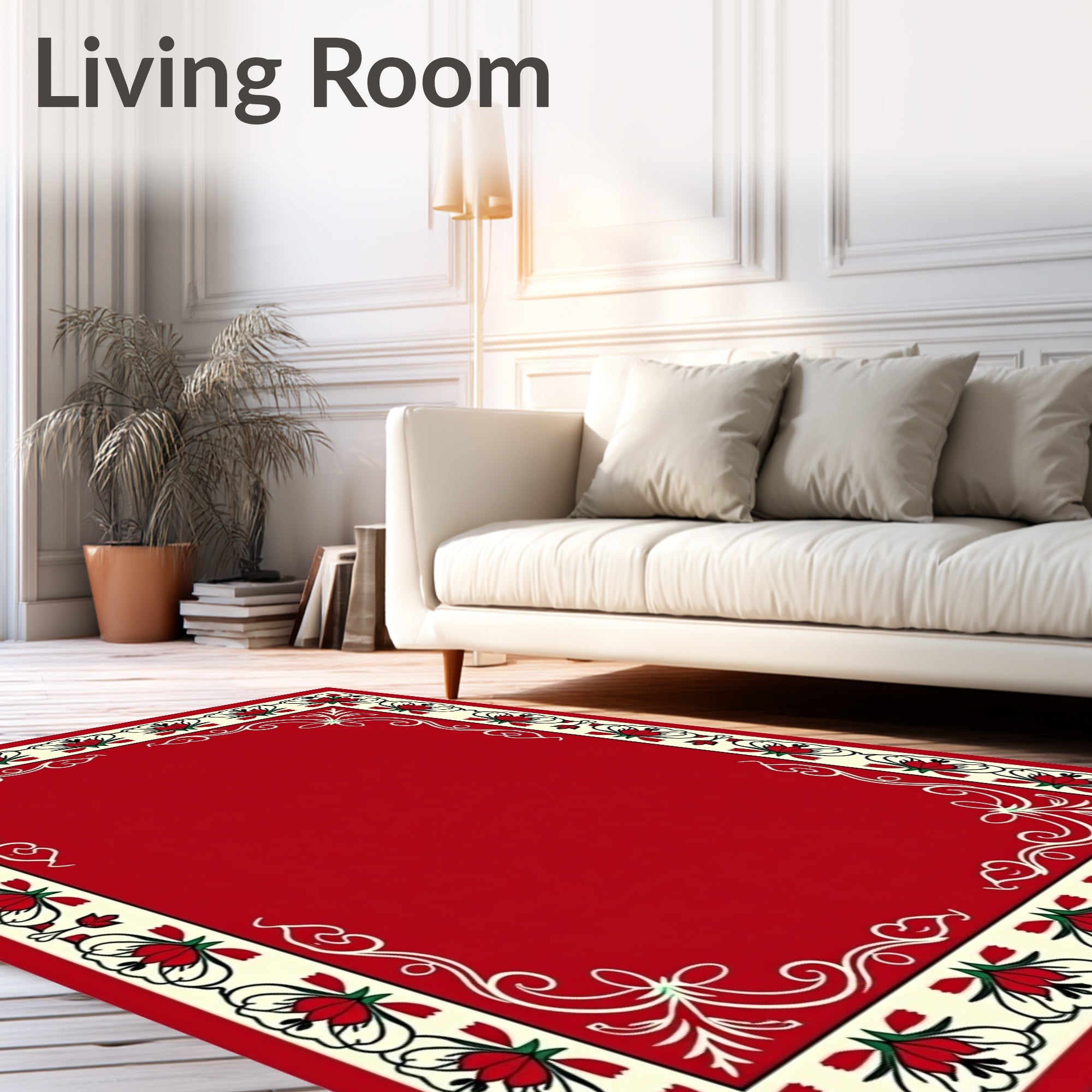 Crimson Ivory Floral Bordered Rug
