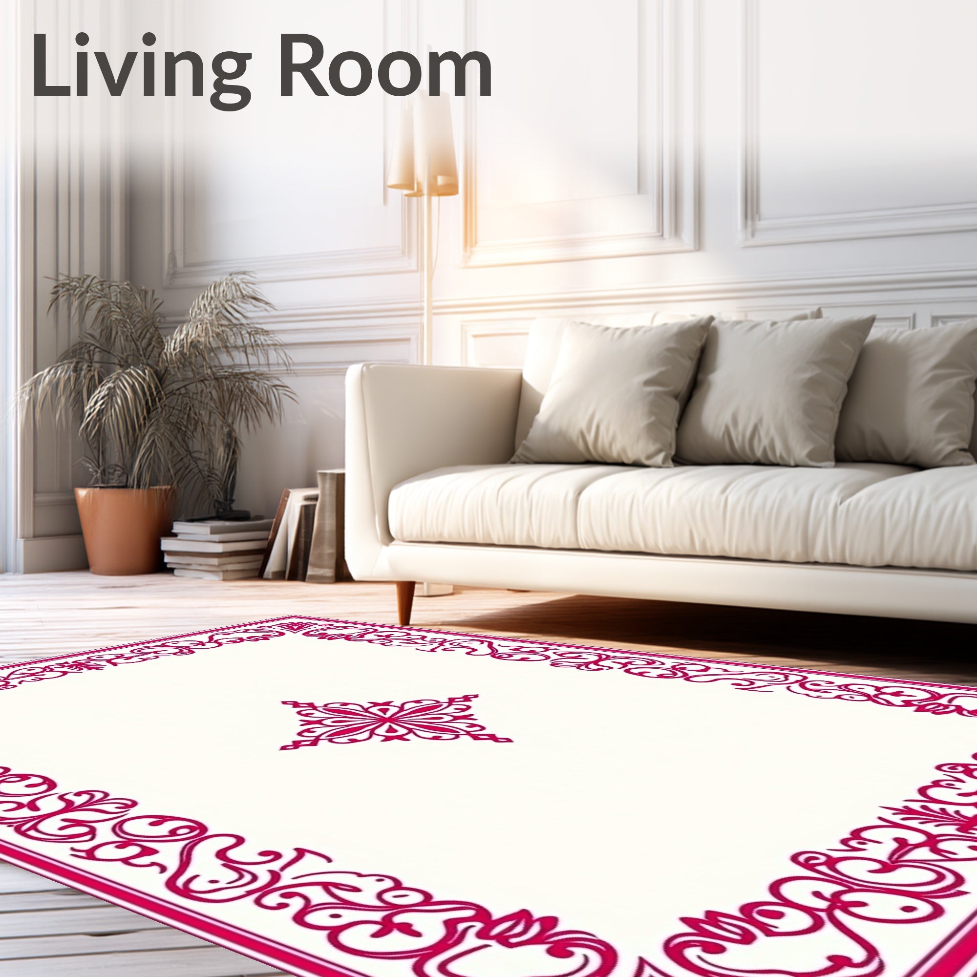 Bright Pink Scrollwork Medallion Frame Rug