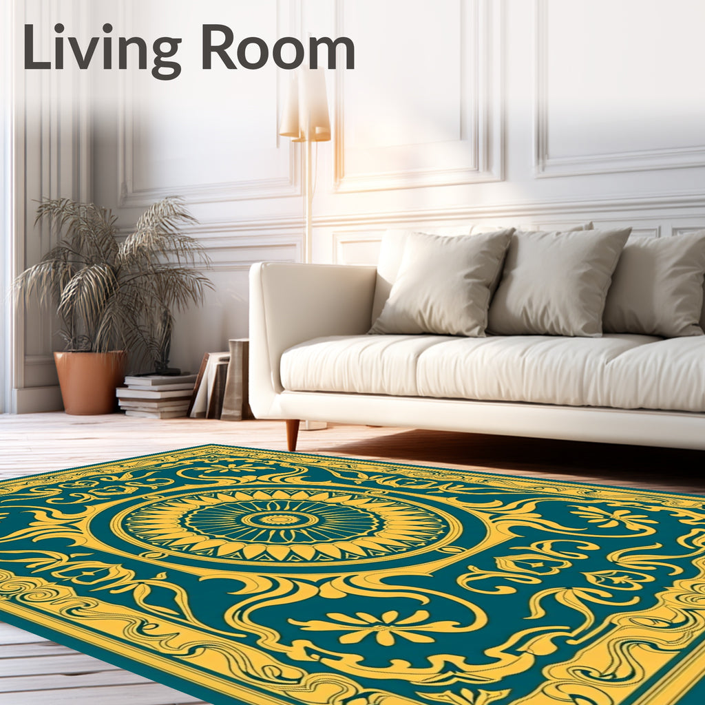 Teal Gold Circular Floral Frame Rug