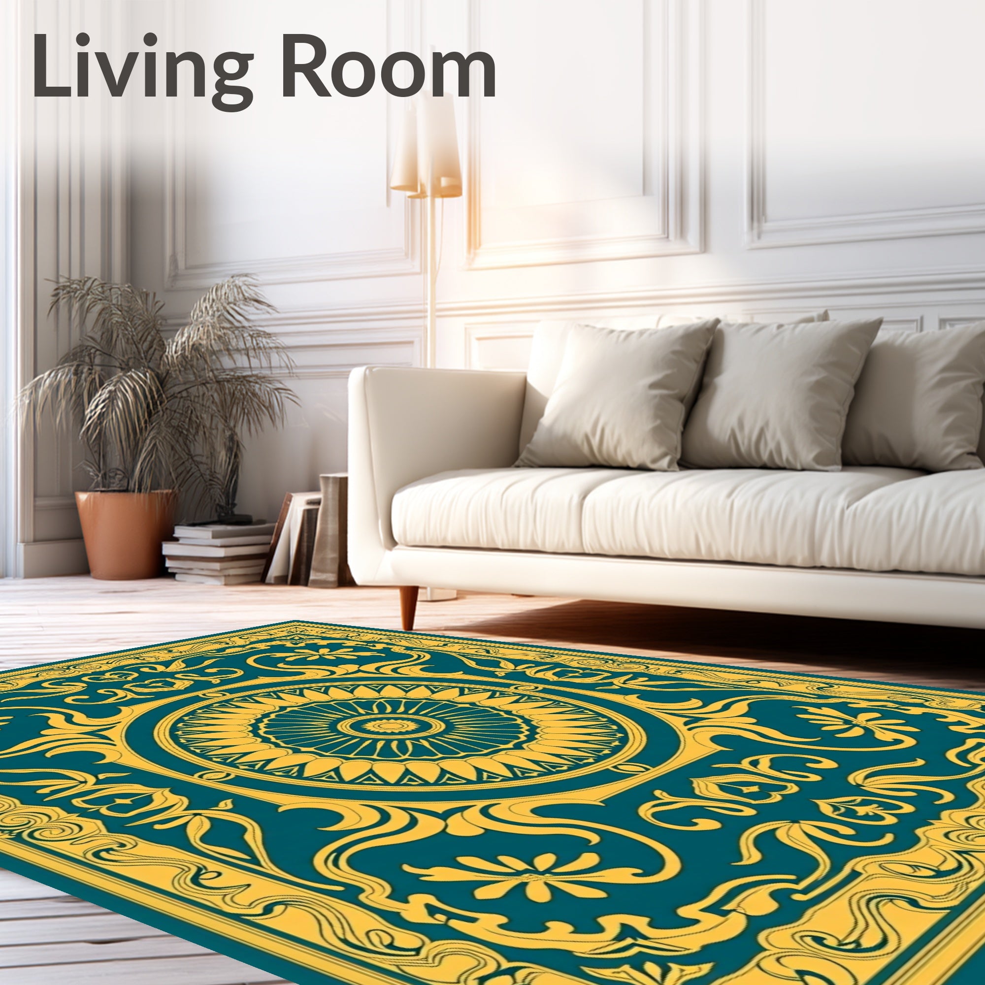 Teal Gold Circular Floral Frame Rug