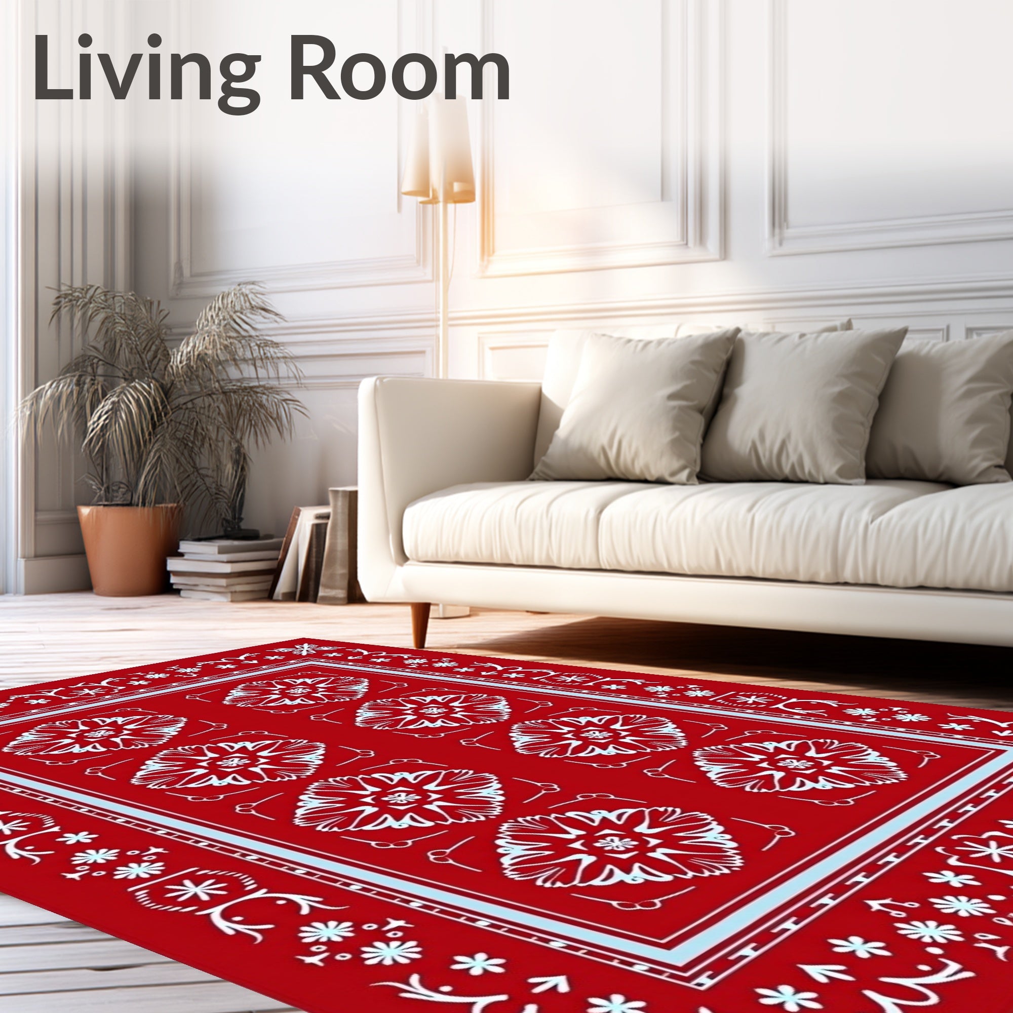 Vibrant Red Floral Medallion Border Rug