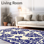 Navy Blue Damask Flourish Border Rug