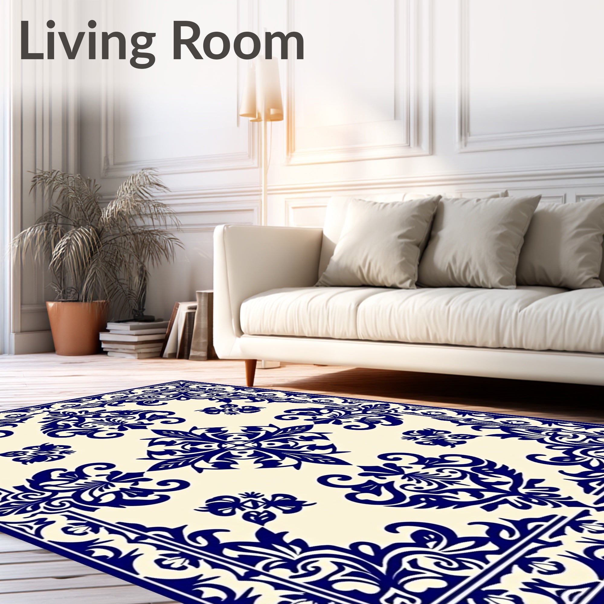 Navy Blue Damask Flourish Border Rug
