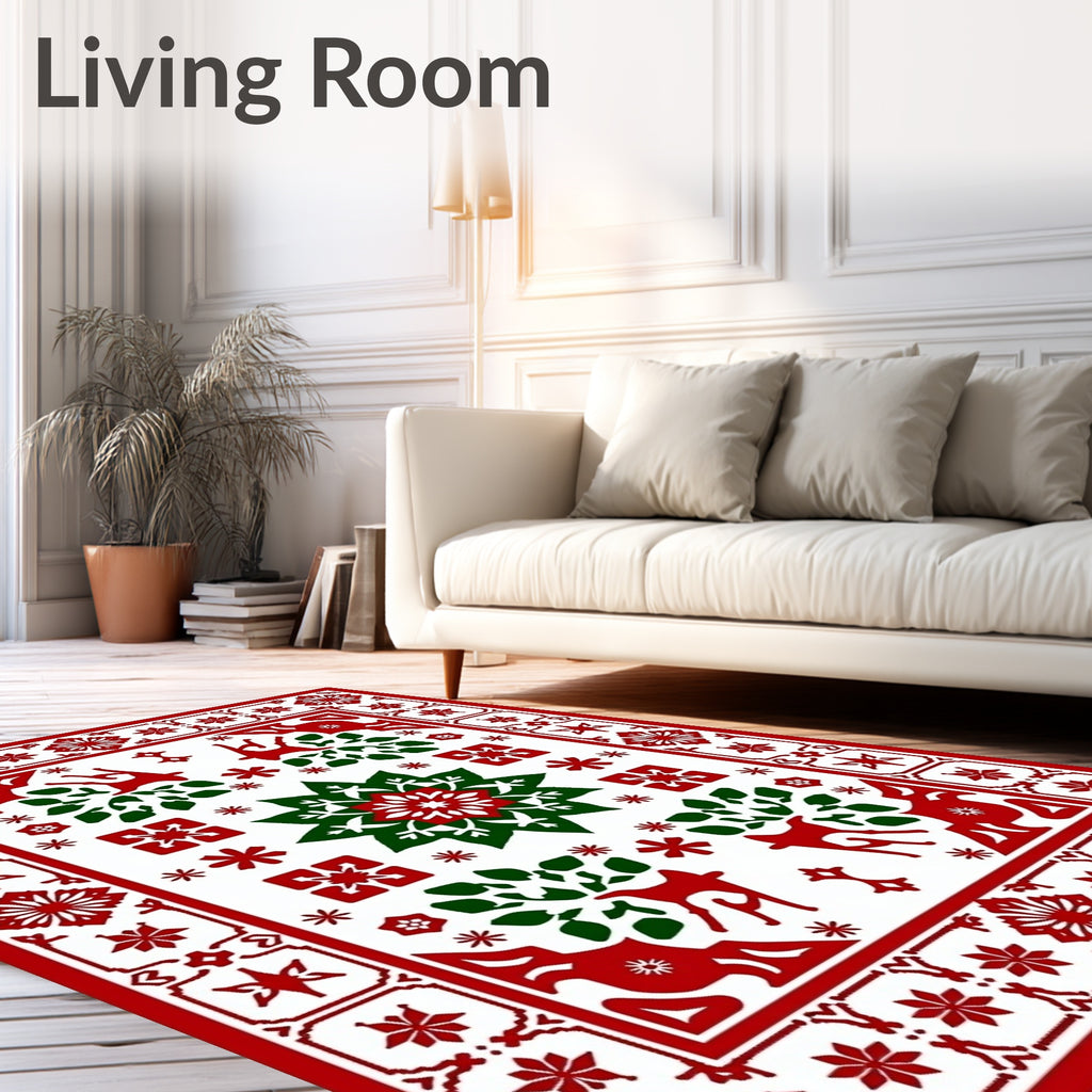 Rustic Red Green Reindeer Star Motif Rug