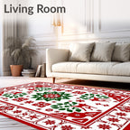 Rustic Red Green Reindeer Star Motif Rug