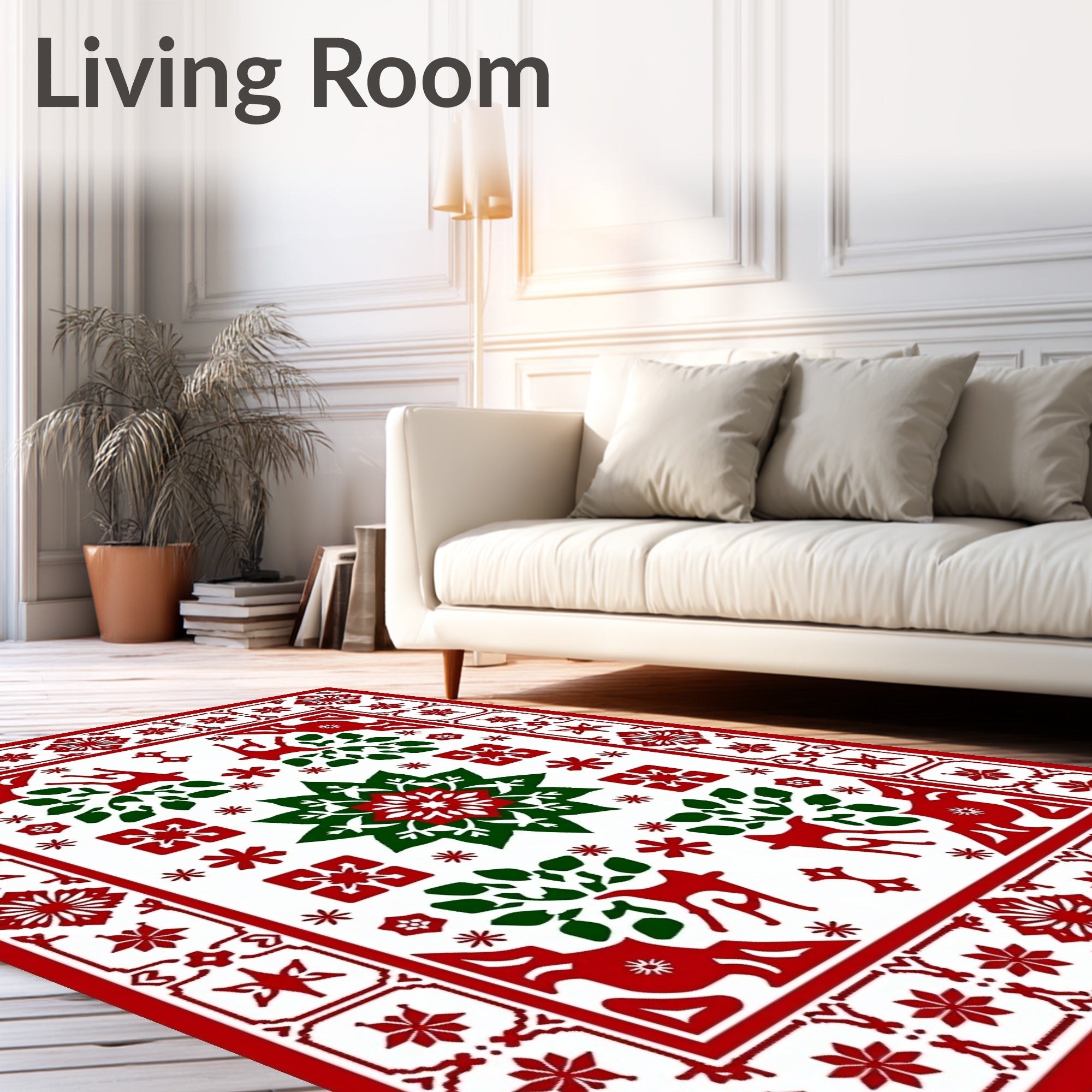 Rustic Red Green Reindeer Star Motif Rug