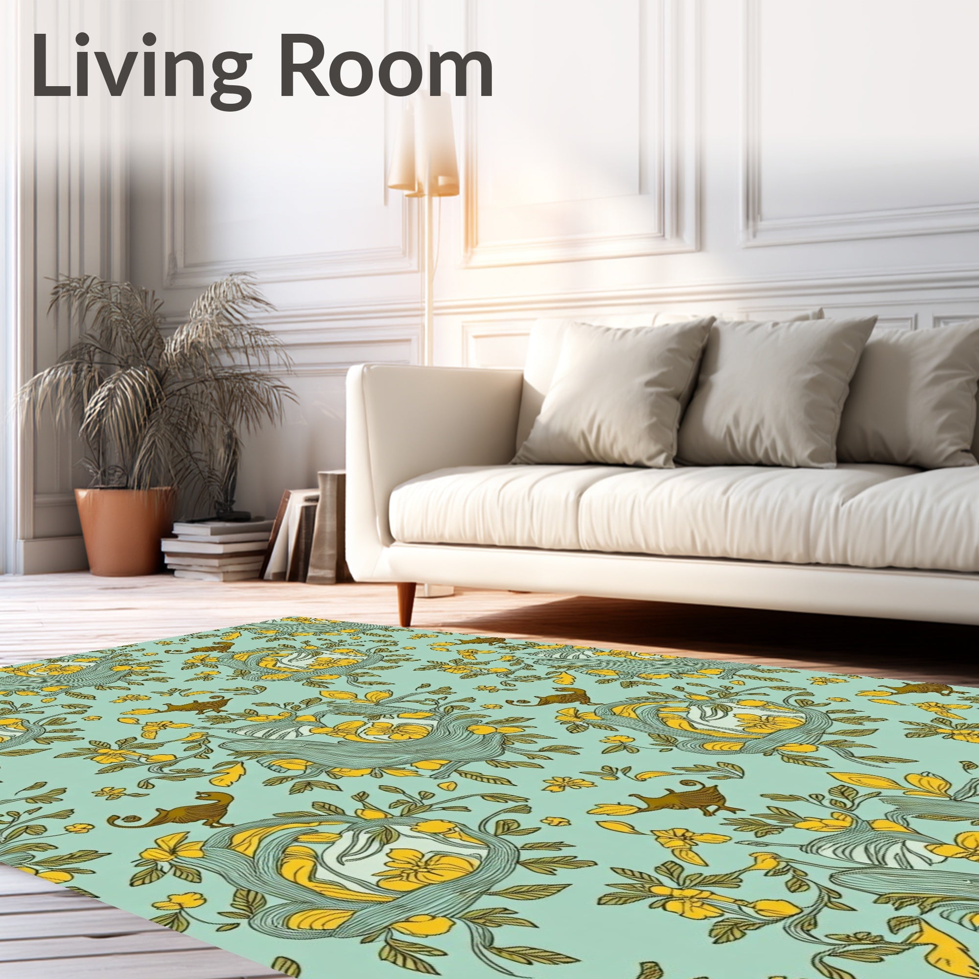 Whimsical Teal Yellow Bird Floral Garden Rug