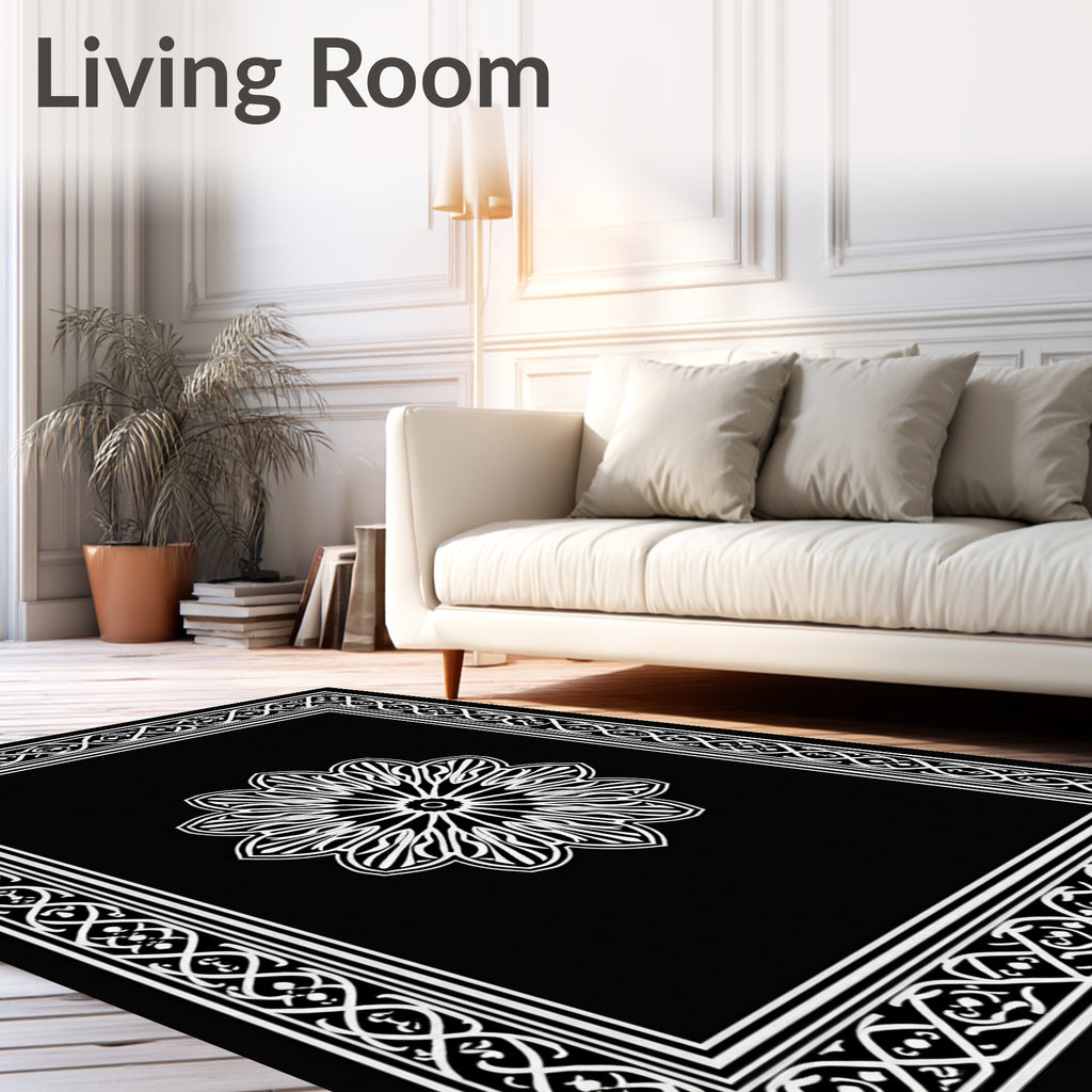 Black White Floral Medallion Border Rug