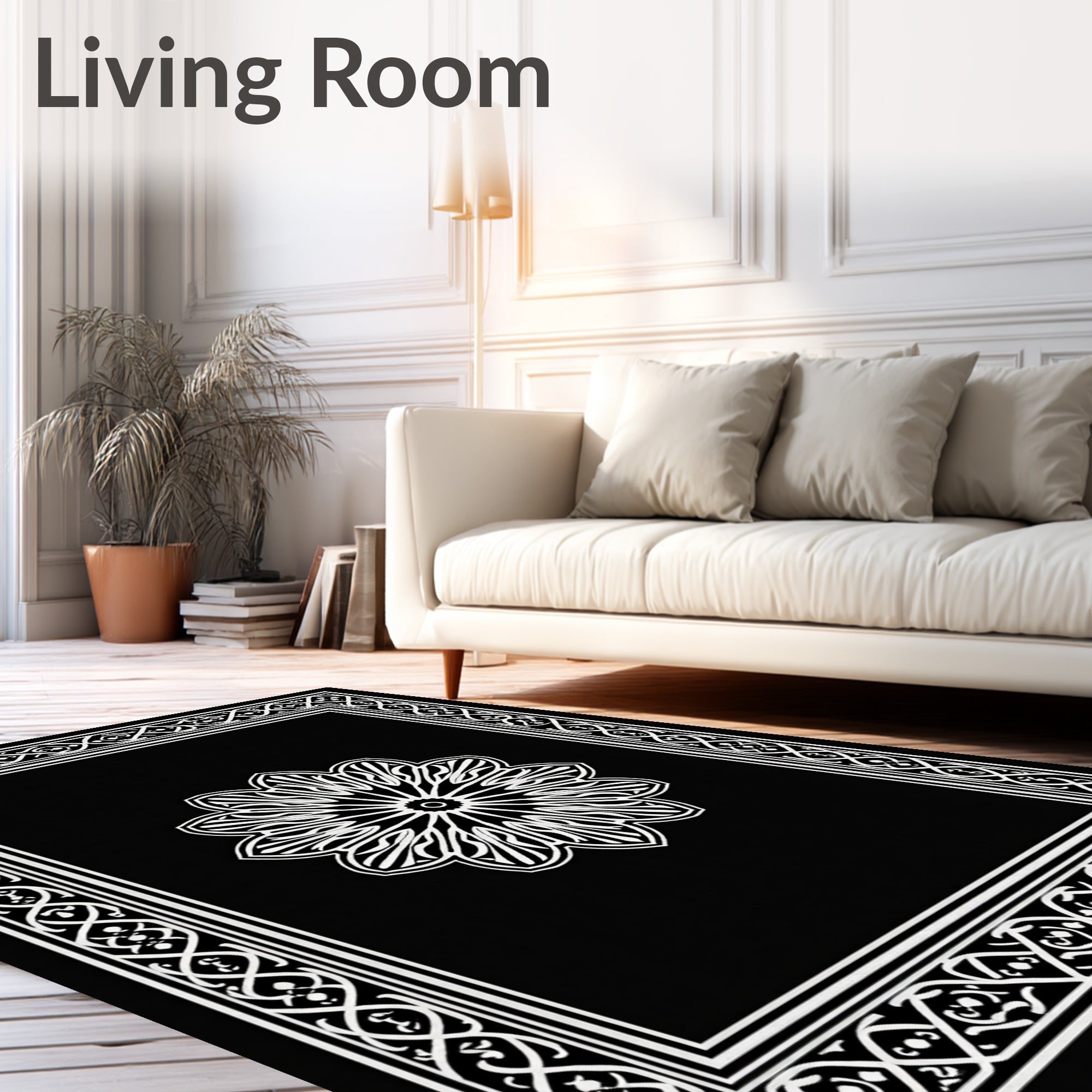 Black White Floral Medallion Border Rug