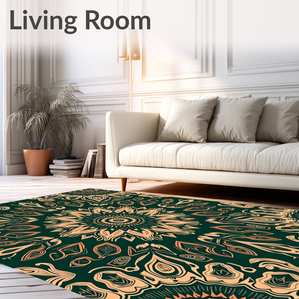 Dark Teal Golden Floral Mandala Rug