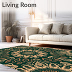 Dark Teal Golden Floral Mandala Rug