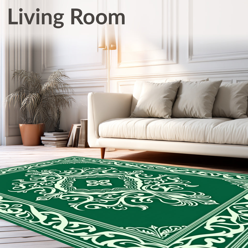 Emerald Green White Scrollwork Medallion Rug