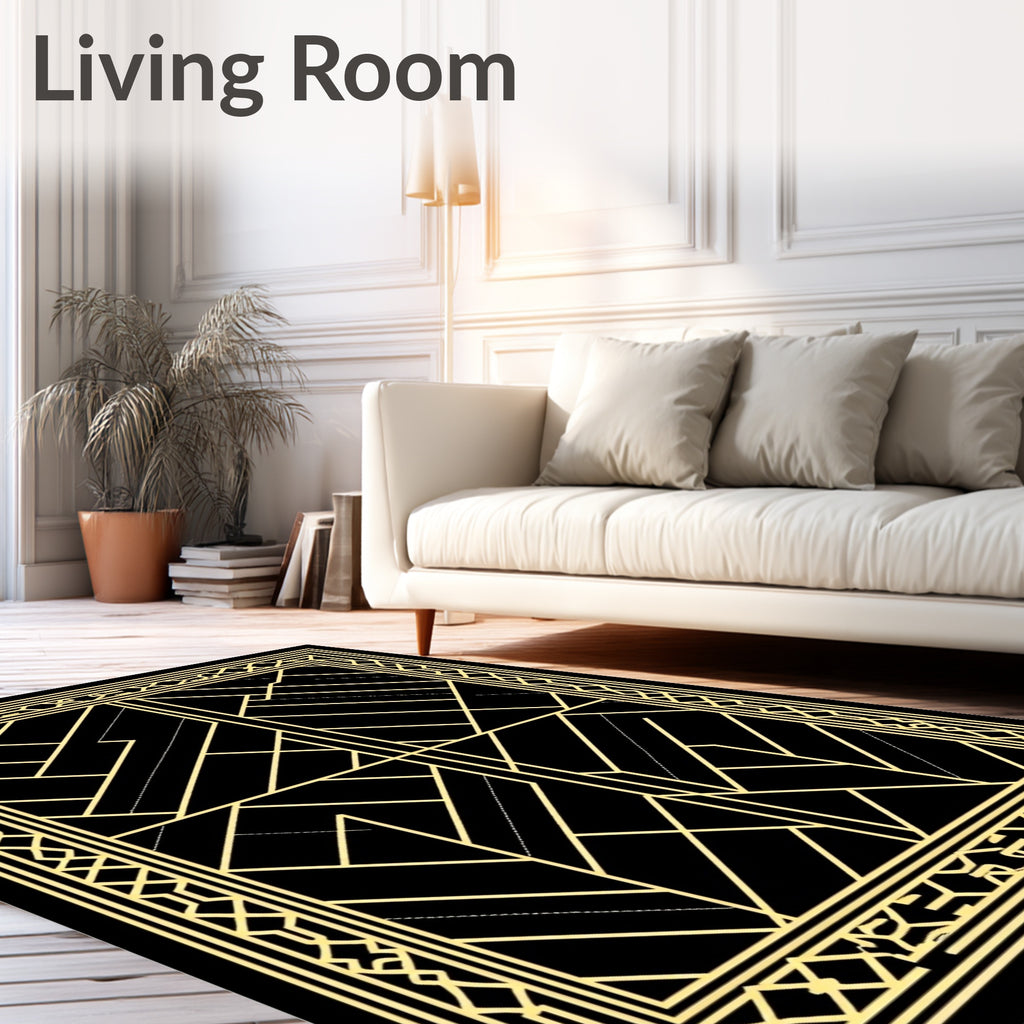 Art Deco Golden Geometric Black Rug