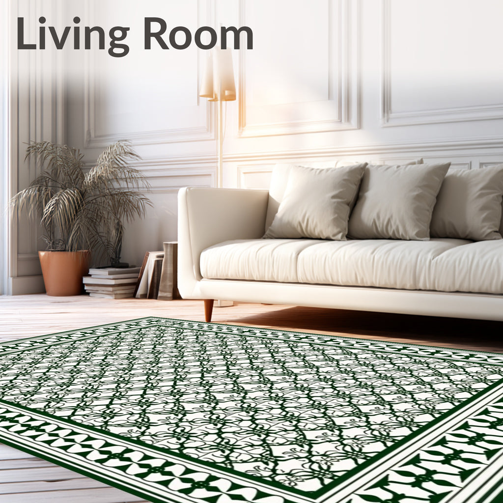 Dark Green Elaborate Lattice Border Rug