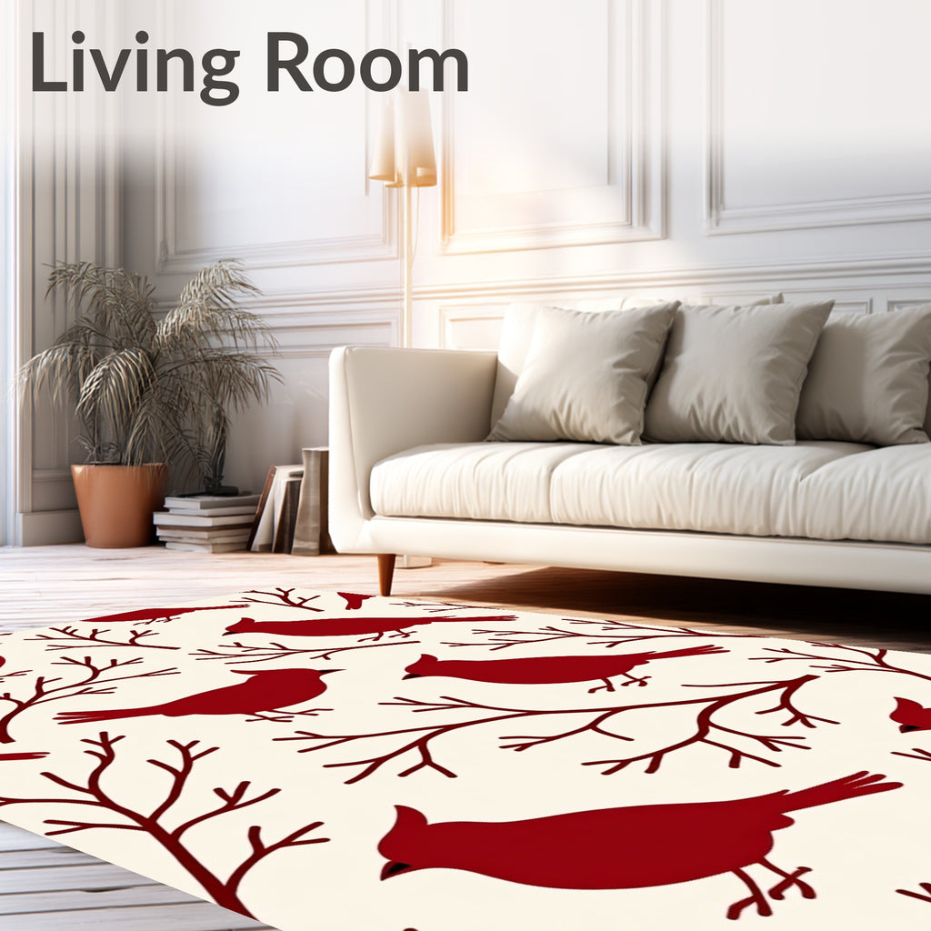 Crimson Birds Winter Branches Rug