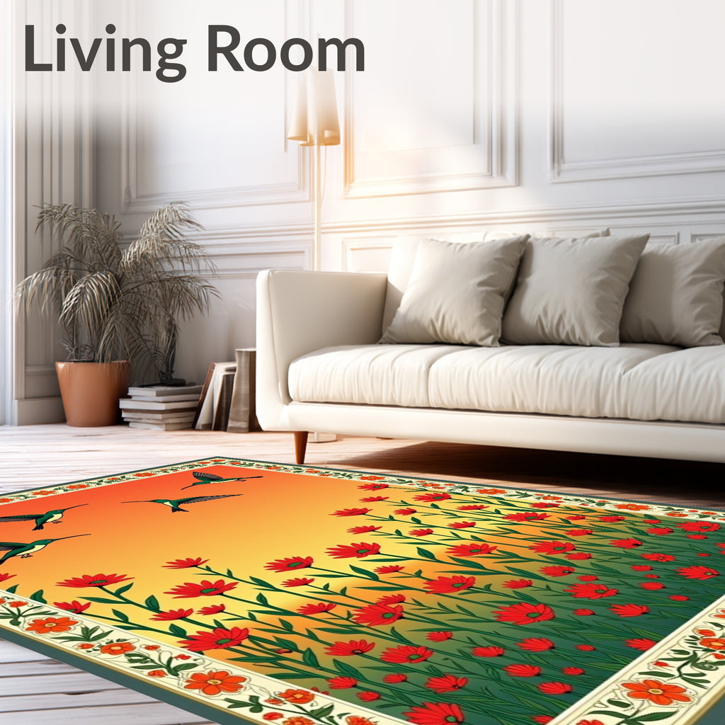 Hummingbird Garden Red Floral Border Rug