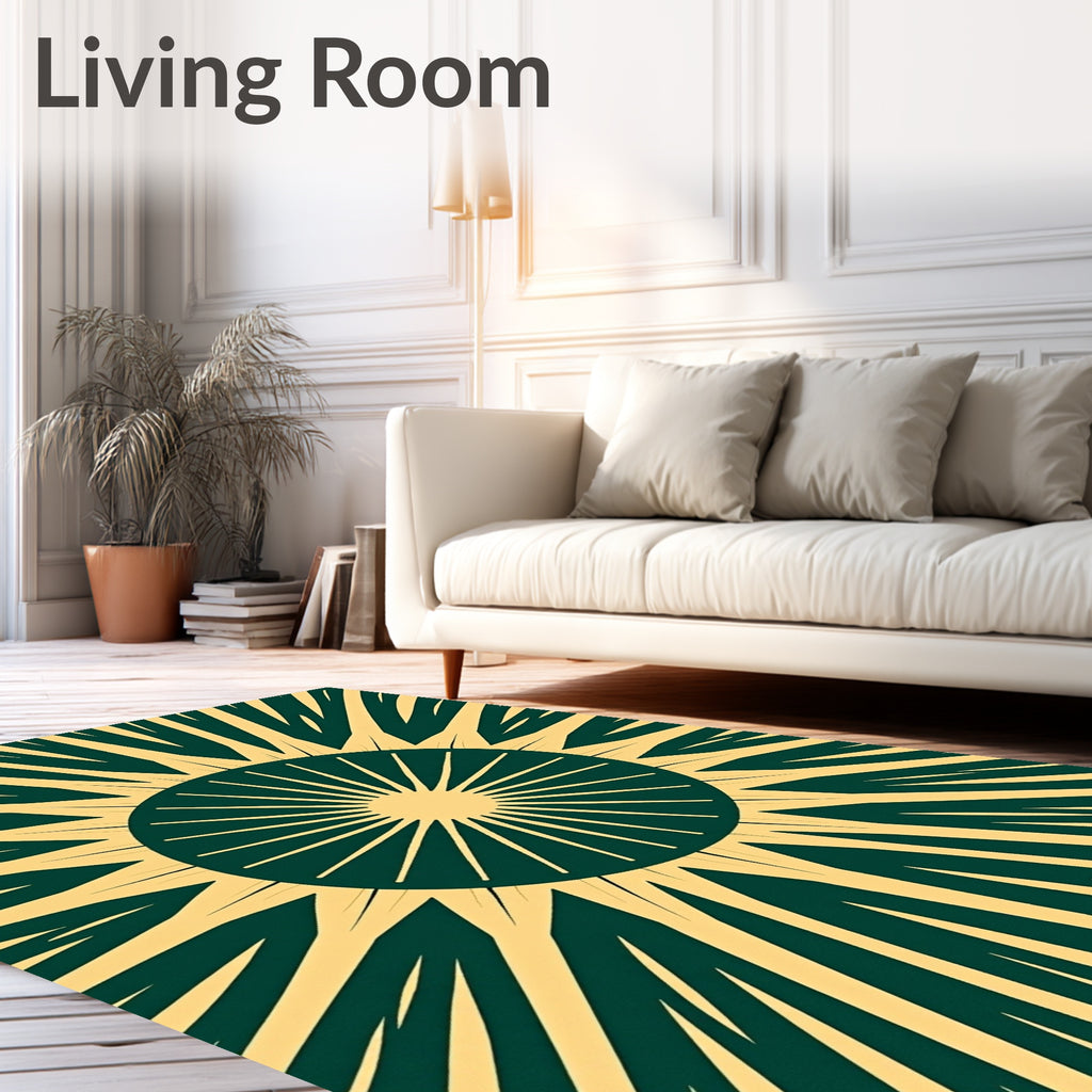 Radiant sunburst in green and gold Rug