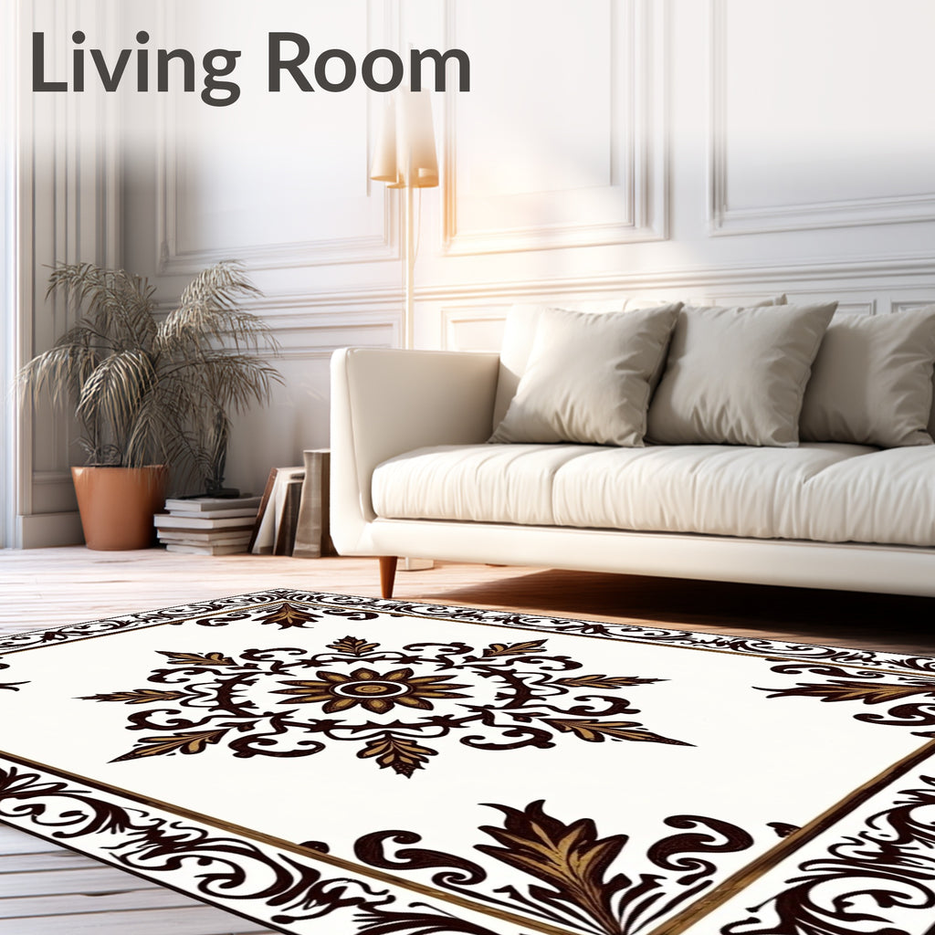 Elegant Brown Gold Floral Medallion Corner Rug