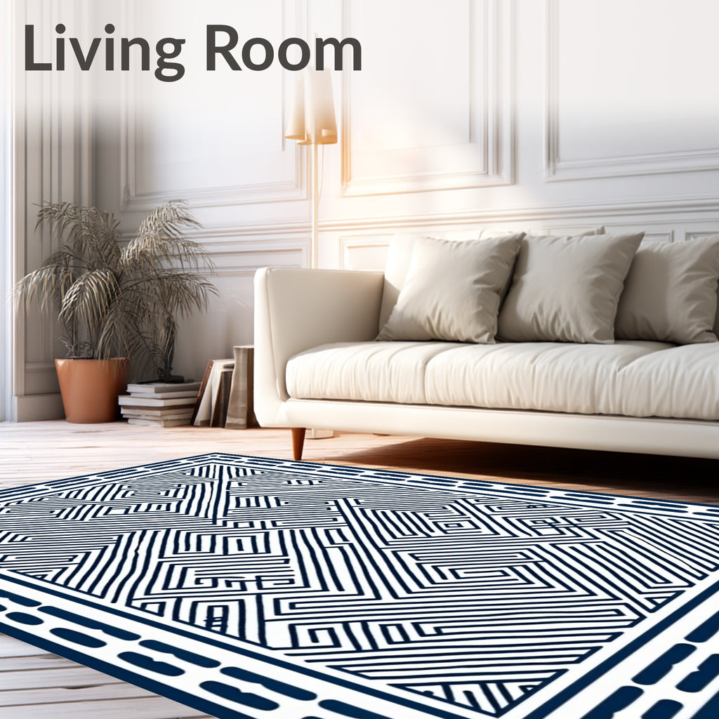 Navy White Maze Labyrinth Geometric Rug