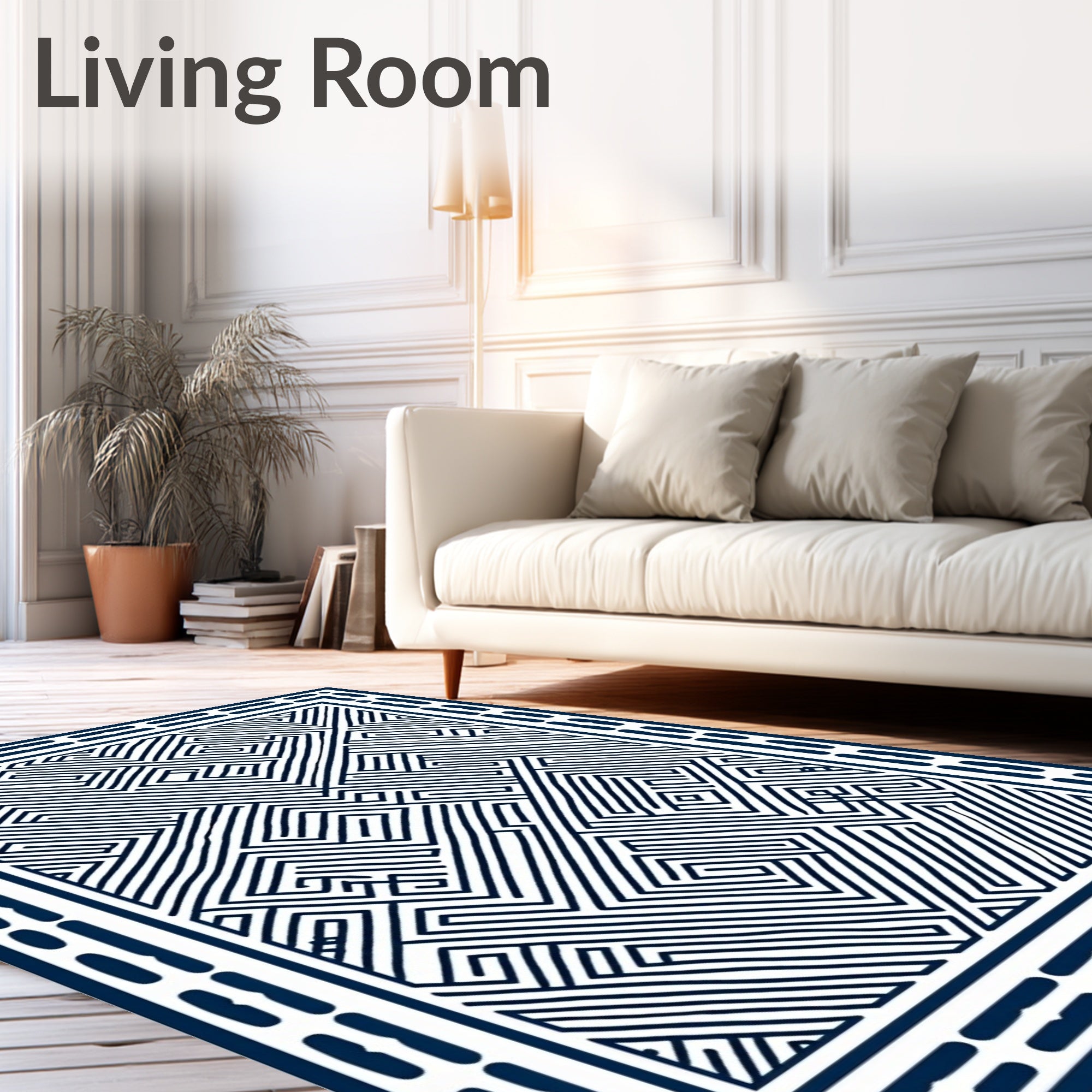 Navy White Maze Labyrinth Geometric Rug