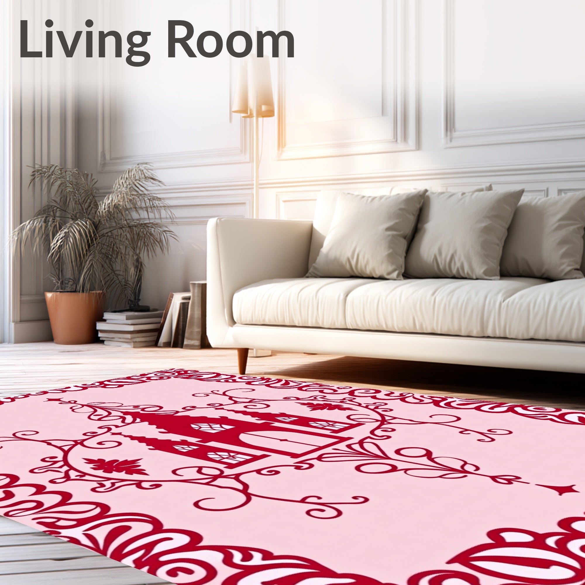 Crimson Ornate Castle Scrollwork Rug