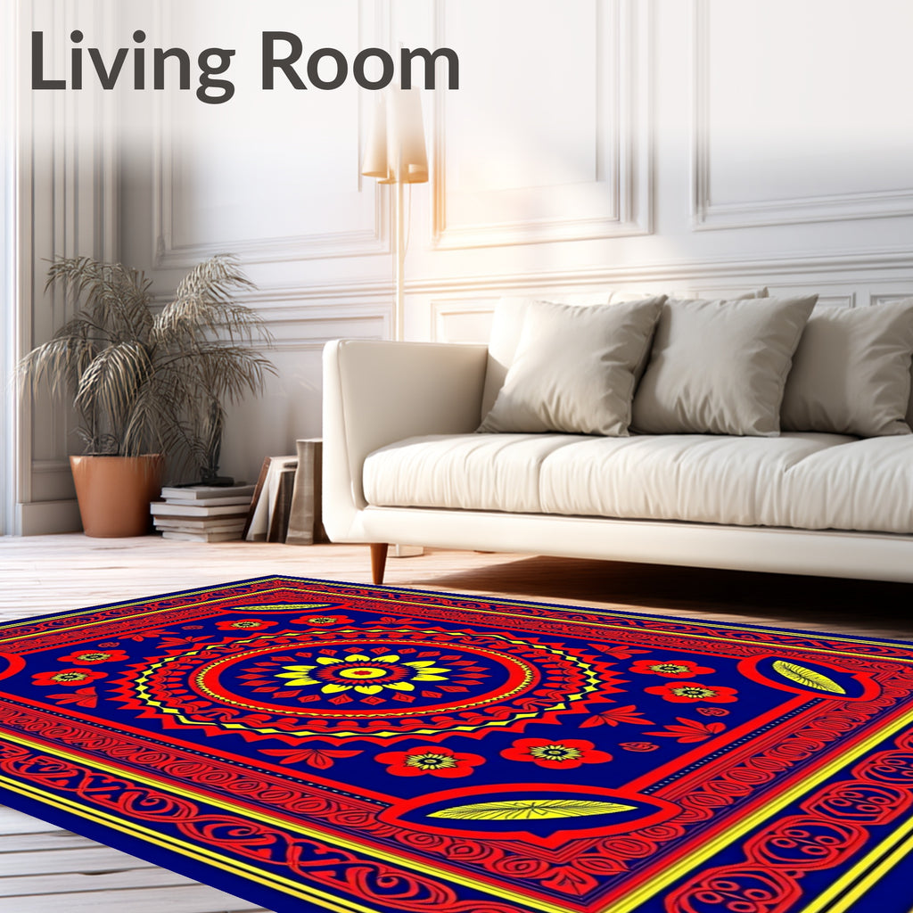 Bold Blue Red Yellow Floral Medallion Rug