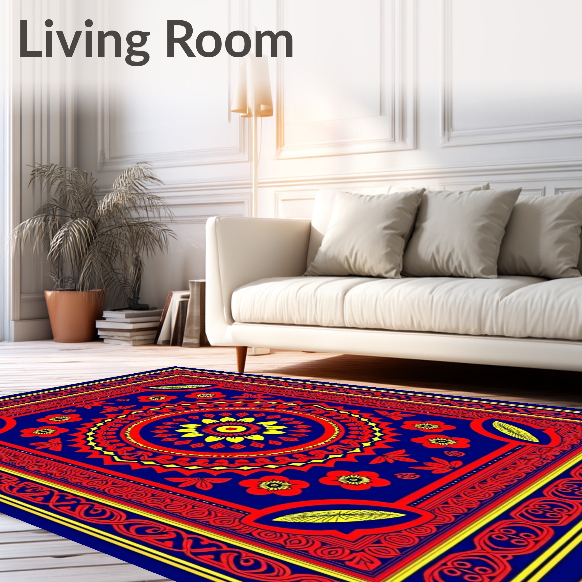 Bold Blue Red Yellow Floral Medallion Rug