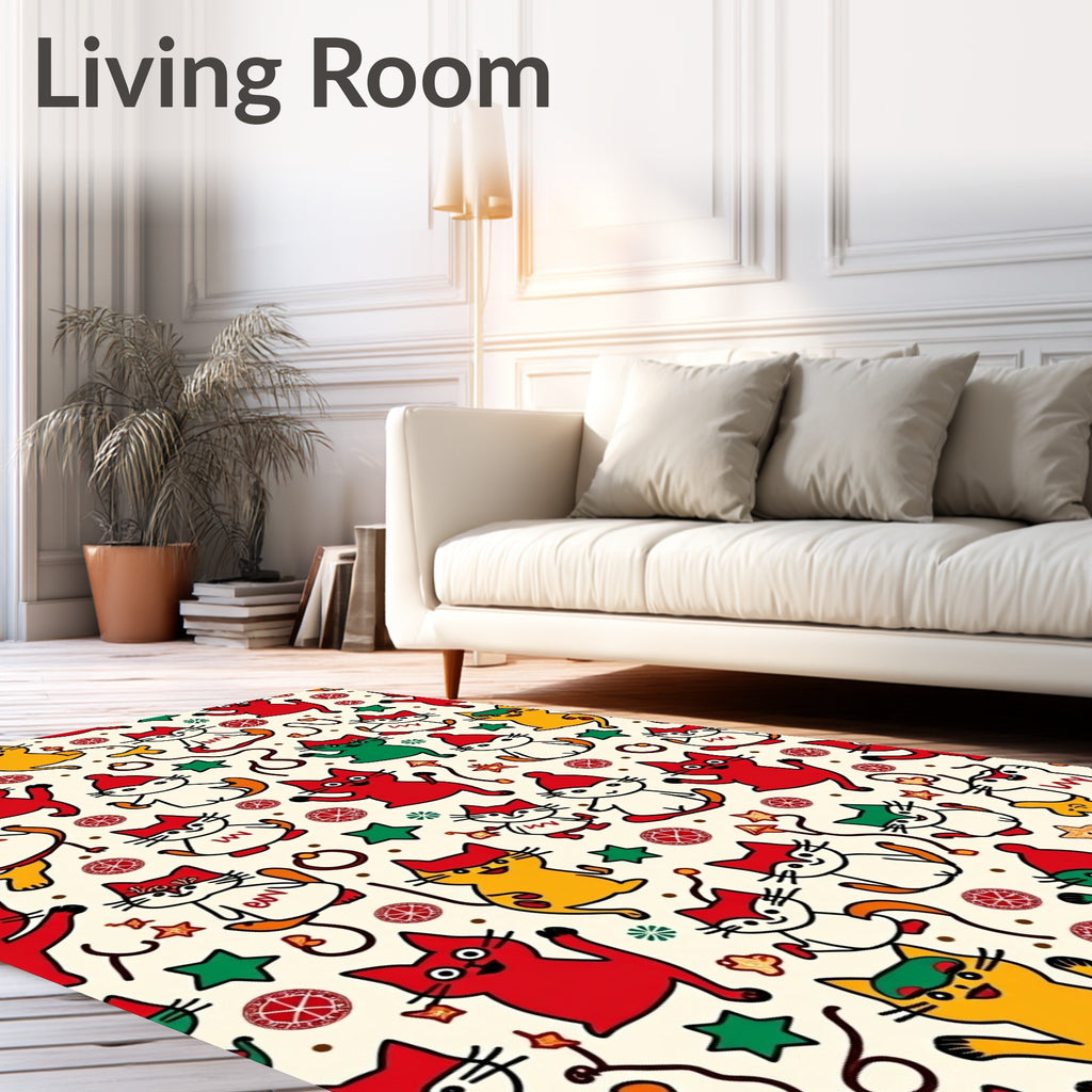 Whimsical Red White Green Cat Collage Rug