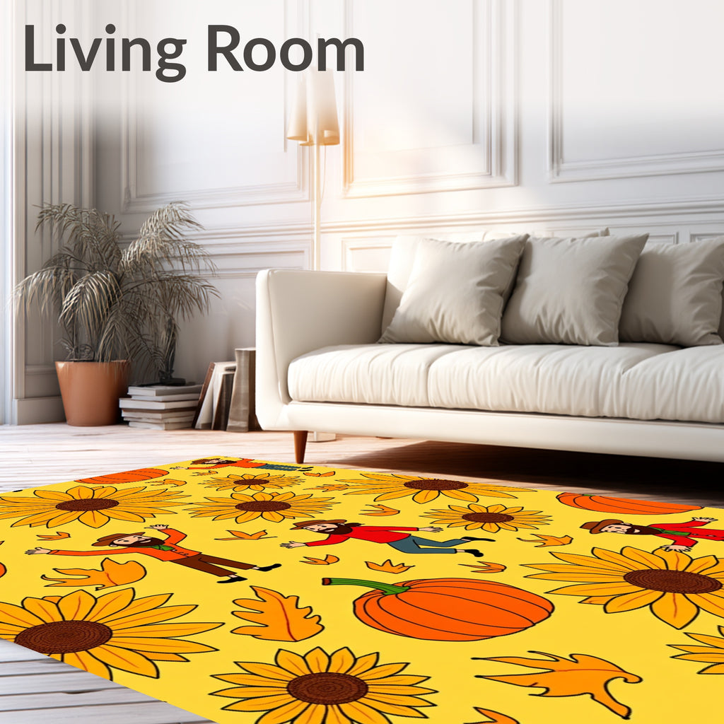 Autumnal Pumpkins Sunflowers Folks Yellow Rug