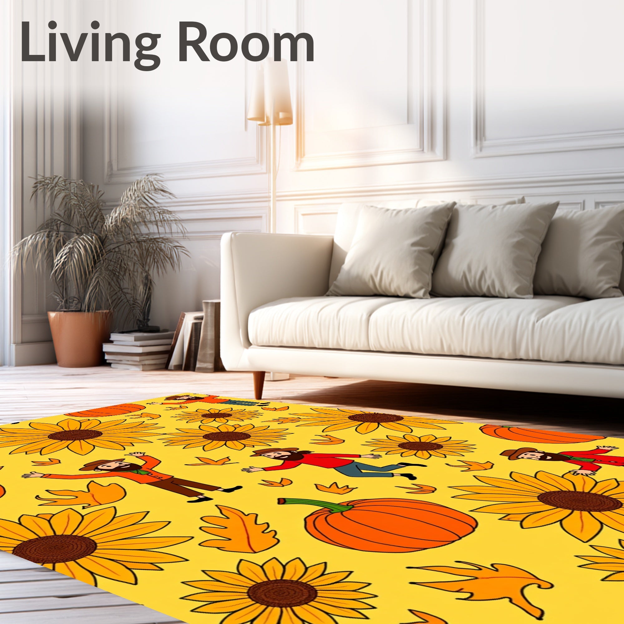 Autumnal Pumpkins Sunflowers Folks Yellow Rug