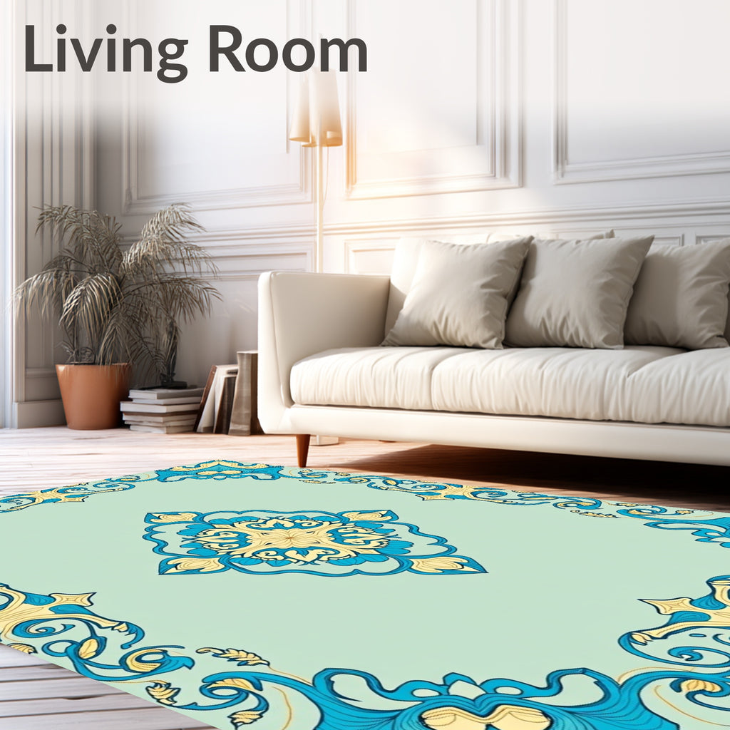 Luminous Teal Golden Floral Medallion Rug