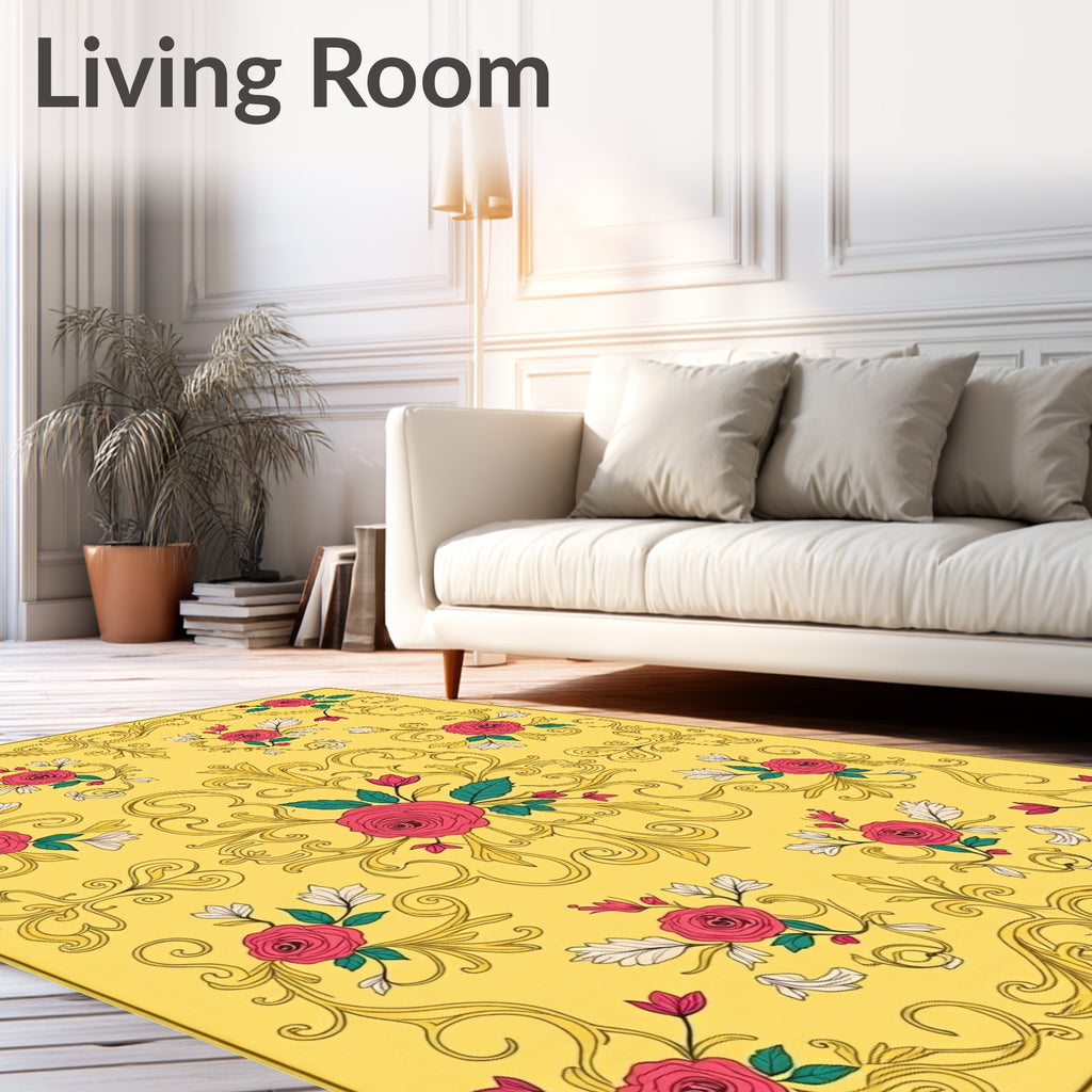 Golden Yellow Rose Scrollwork Rug