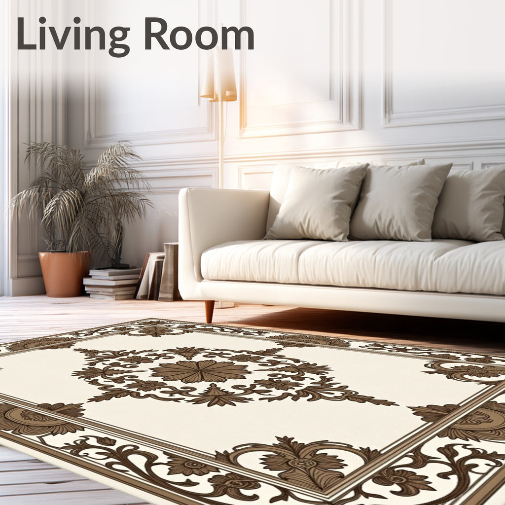 Classic Brown Floral Medallion Border Rug