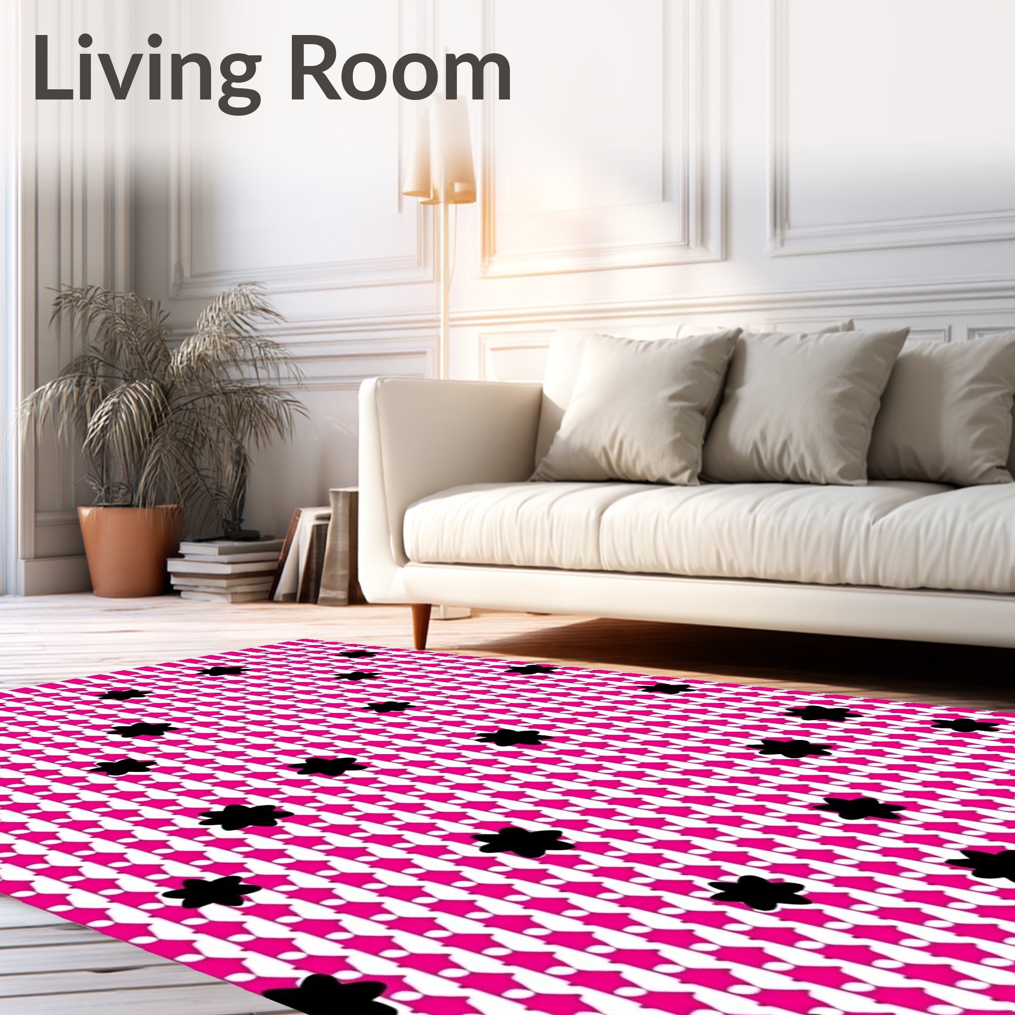 Pink White Stripes Black Flower Accents Rug