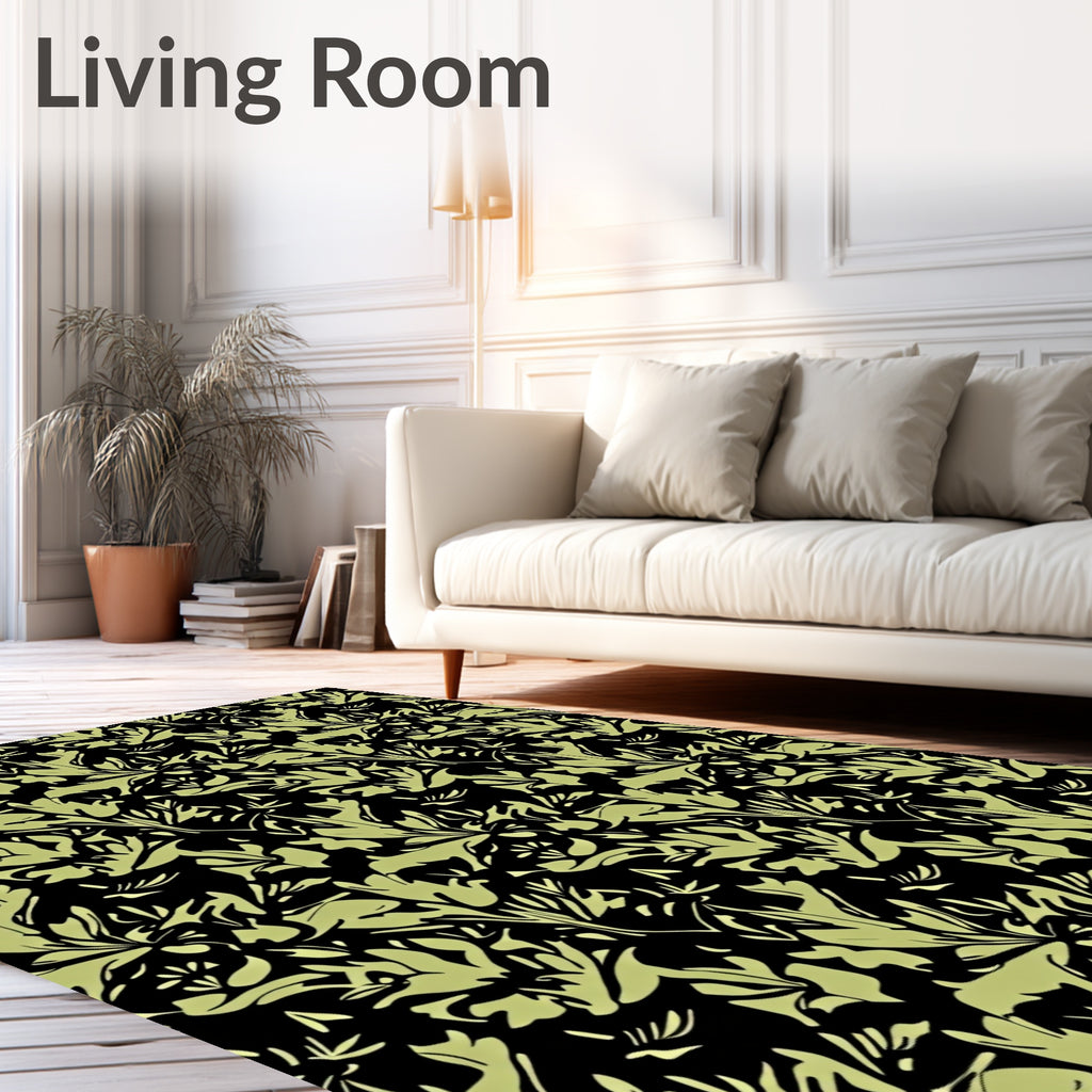 Pale Green Floral Sprig Black Rug