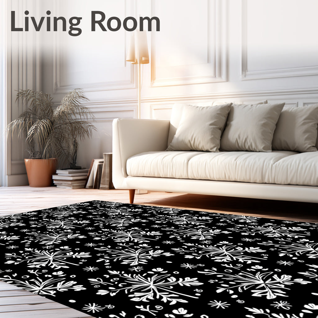 Black White Detailed Floral Garland Rug