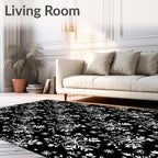 Black White Detailed Floral Garland Rug