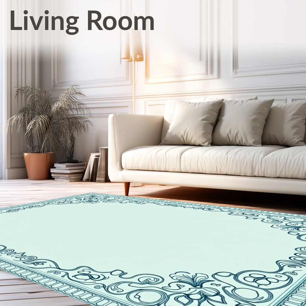 Art Nouveau Teal Floral Border Rug