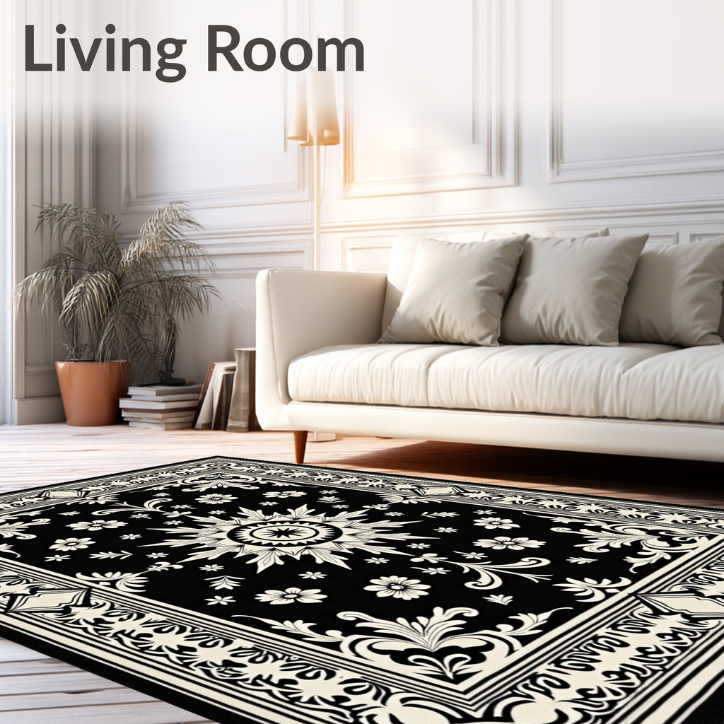 Black Cream Sunburst Floral Medallion Rug