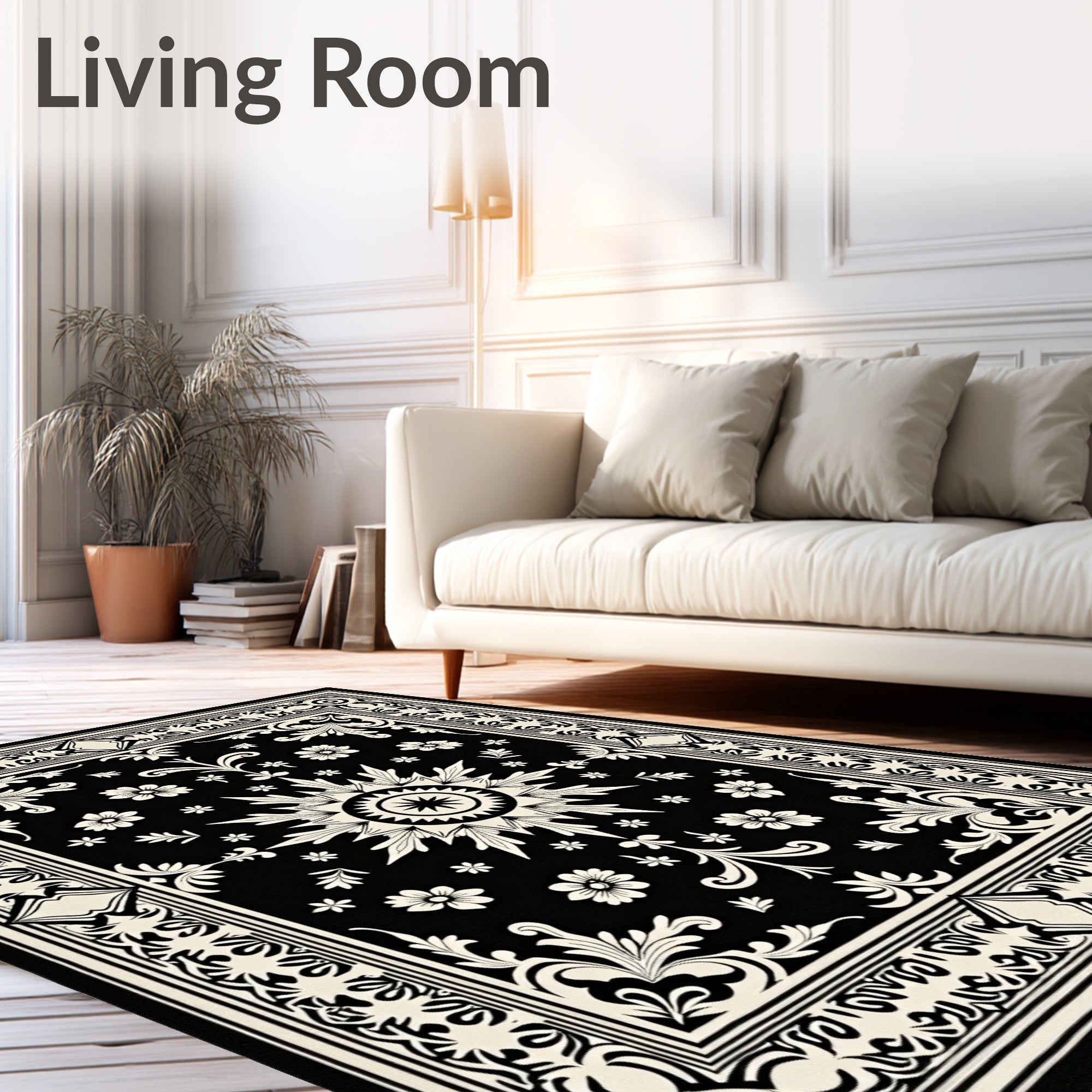 Black Cream Sunburst Floral Medallion Rug