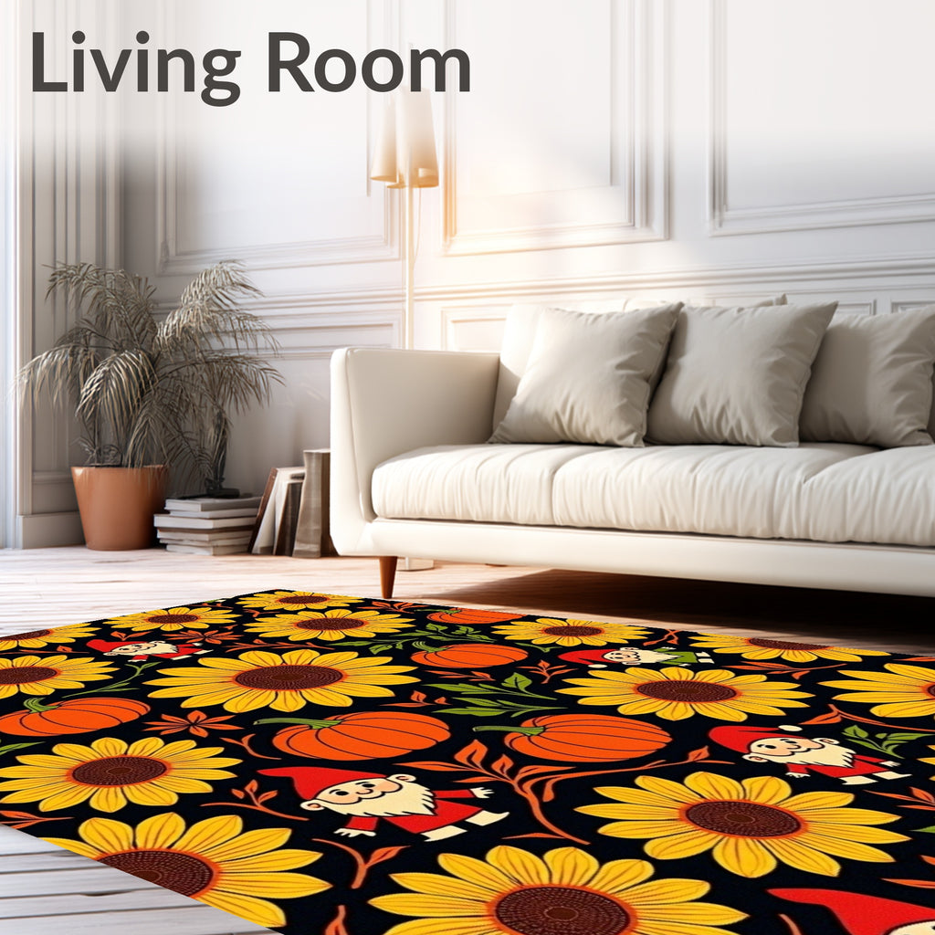 Whimsical Gnomes Sunflowers Pumpkins Autumn Rug