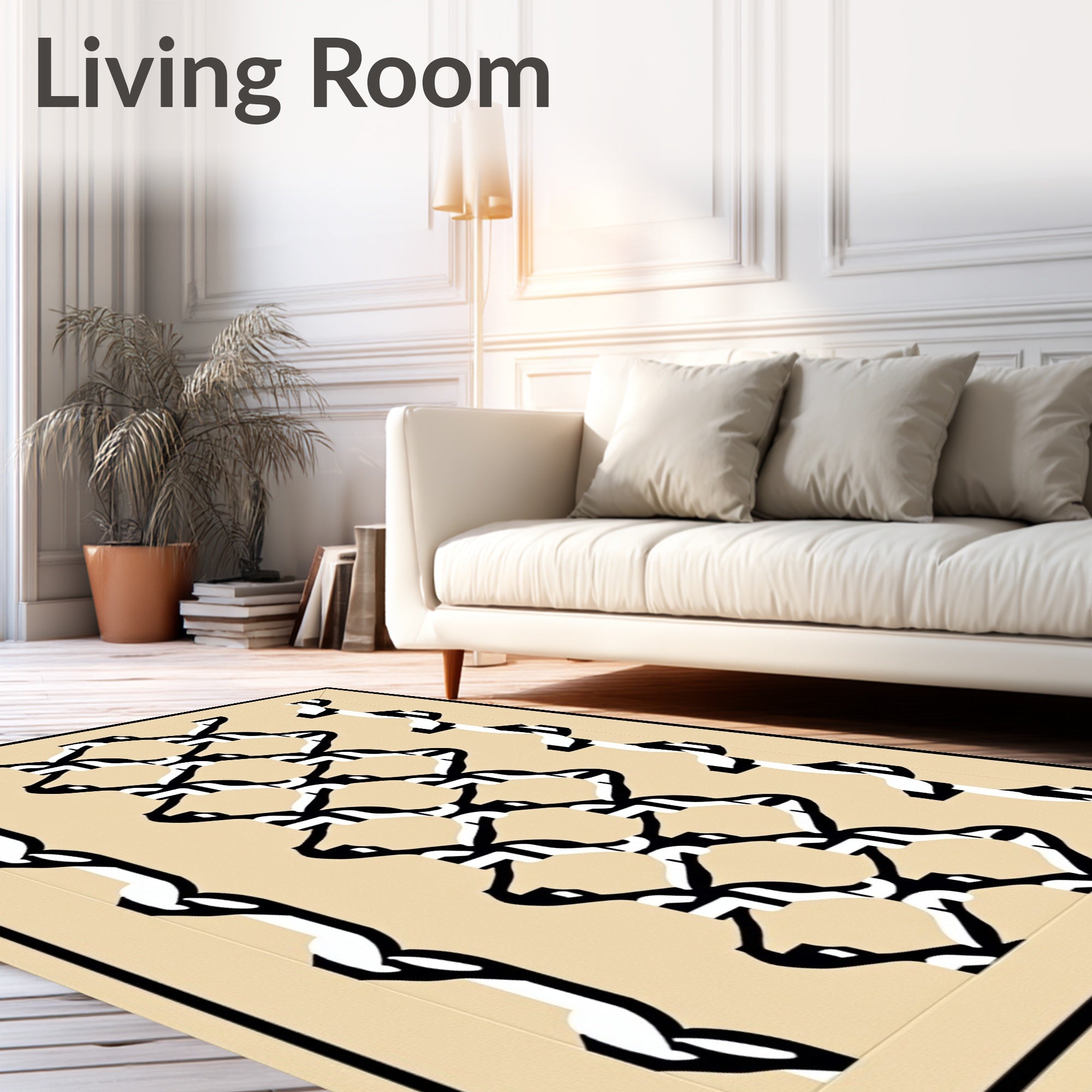 Cream Black Geometric Lattice Rug
