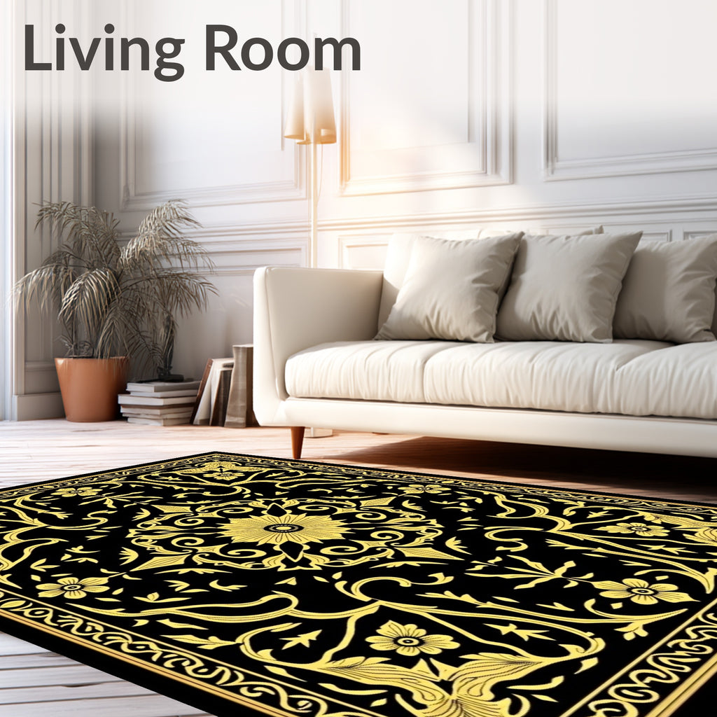 Black and Gold Floral Medallion Rug