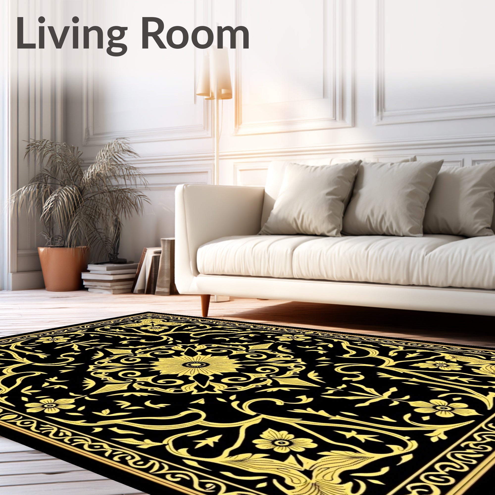 Black and Gold Floral Medallion Rug